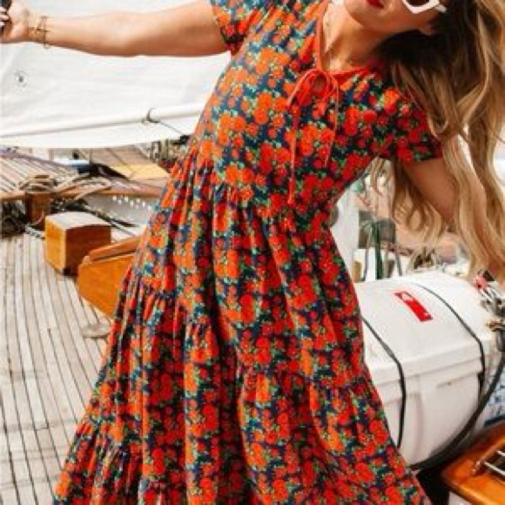 Ivy City Co Red and Blue Floral Midi Dress